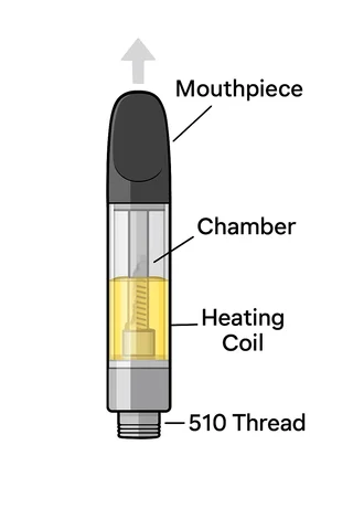 Diagram of a vape cartridge labeled with its parts, including Mouthpiece, Chamber, Heating Coil, and 510 Thread, with arrows showing vapor flow upward.